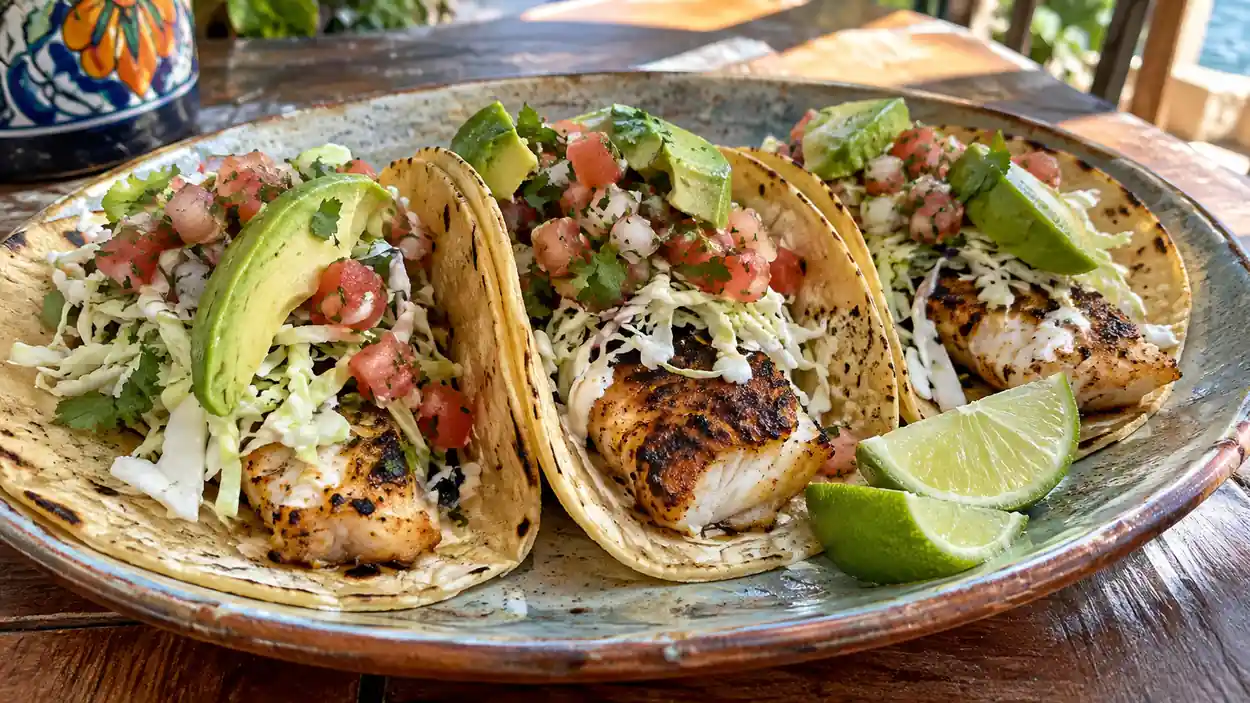 Tacos mexicains au poisson grillé, chou, avocat et citron vert