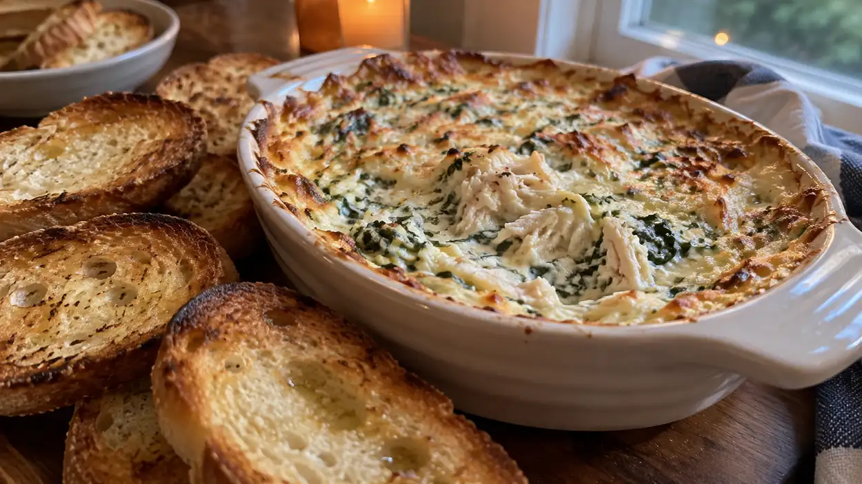 Trempette chaude au crabe et aux épinards avec pain grillé