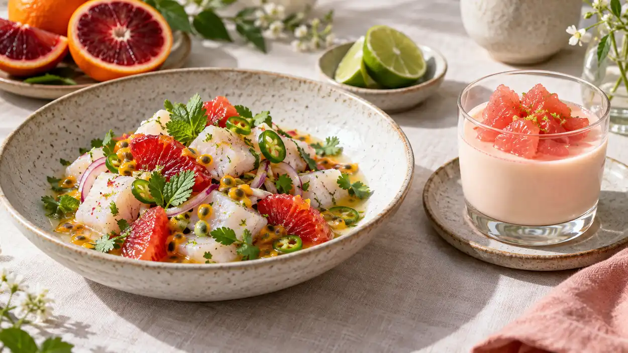 Ceviche aux agrumes et posset au pamplemousse rose