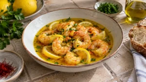Crevettes pochées dans un bouillon au safran