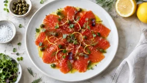 Crudo de saumon rouge au citron et aux herbes