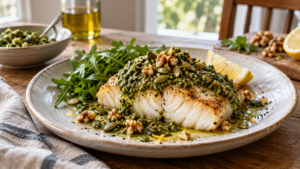 Filet de flétan cuit servi avec un pesto de roquette, basilic et noix