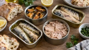 Assortiment de poissons et fruits de mer en conserve
