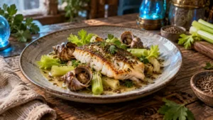 Plat de poisson aux escargots, céleri et cumin