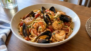 Pâtes aux crevettes, moules et noix de Saint-Jacques