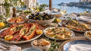 Table généreuse de plats de fruits de mer