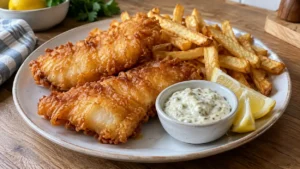 Poisson pané à la bière avec frites et sauce tartare