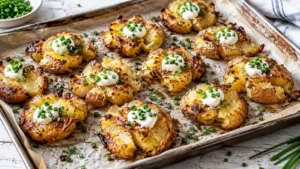Pommes de terre écrasées croustillantes avec crème sure et ciboulette