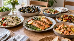 Table de recettes de fruits de mer et légumes