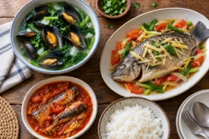 Moules, poisson et sardines servis avec du riz et des légumes
