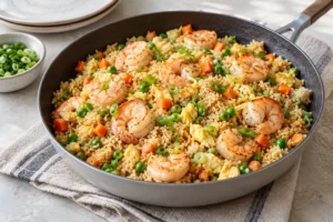 Poêlée de riz frit aux crevettes, petits pois, carottes et œufs