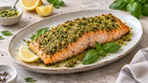 Saumon au four avec une croûte de pesto