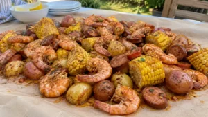 Seafood boil aux crevettes, maïs, pommes de terre et saucisse
