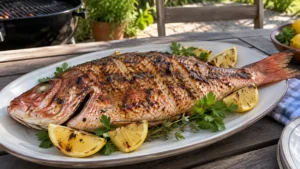 Vivaneau rouge entier grillé avec citron et herbes
